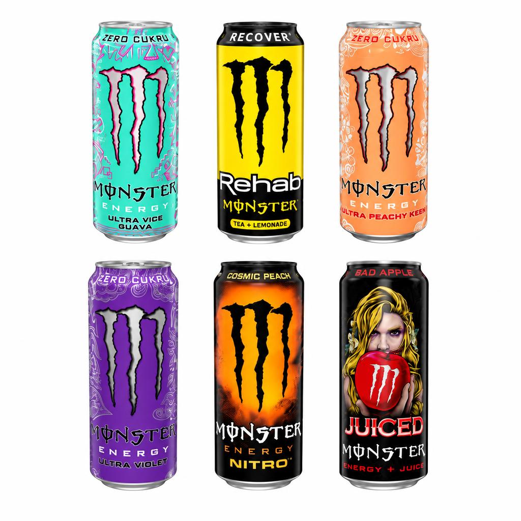 Monster Kit, 6 energy drink al gusto guava, tè e limone, pesca, uva, pesca cosmica e mela