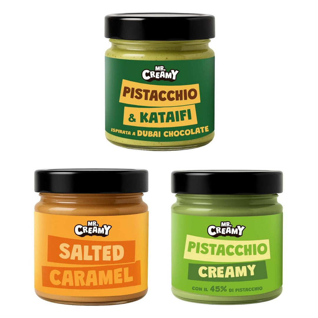Mr. Creamy Kit, 3 crèmes à tartiner au goût pistache &amp; kataifi, caramel salé et pistache crémeuse