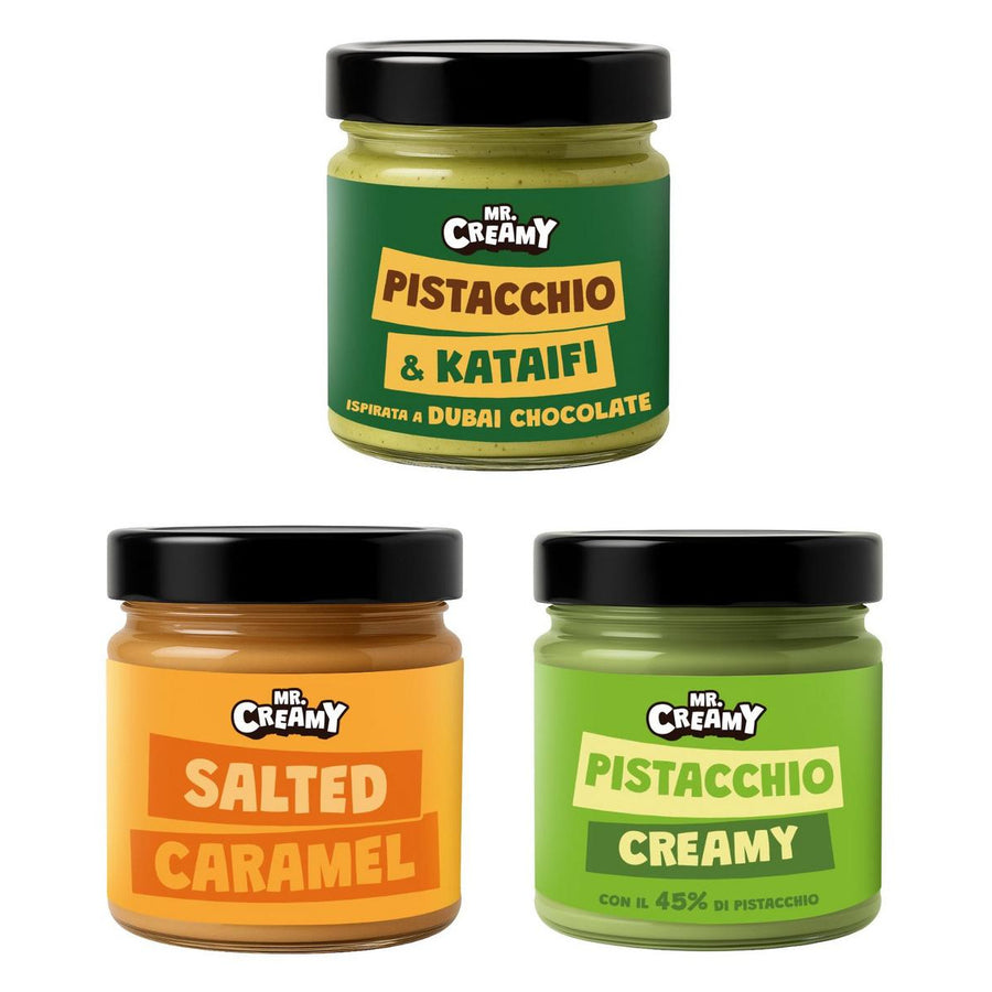 Mr. Creamy Kit, 3 crèmes à tartiner au goût pistache & kataifi, caramel salé et pistache crémeuse