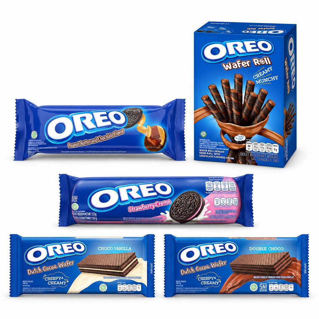 Kit Oreo, 5 biscuits et gaufrettes aux saveurs beurre de cacahuète, roulé au chocolat, fraise, cacao vanille et double chocolat