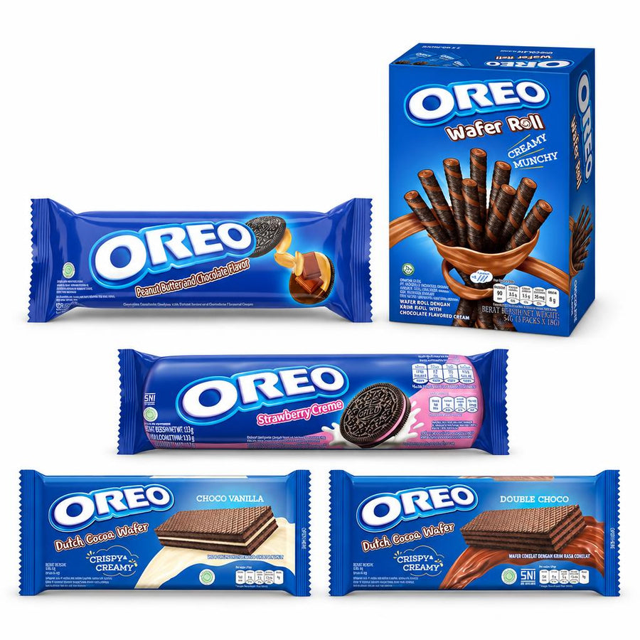 Kit Oreo, 5 biscuits et gaufrettes aux saveurs beurre de cacahuète, roulé au chocolat, fraise, cacao vanille et double chocolat