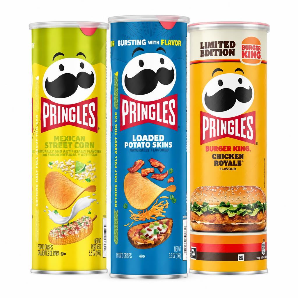 Pringles Kit, 3 chips saveur épi grillé avec fromage et citron vert, bacon et crème aigre et Chicken Royale