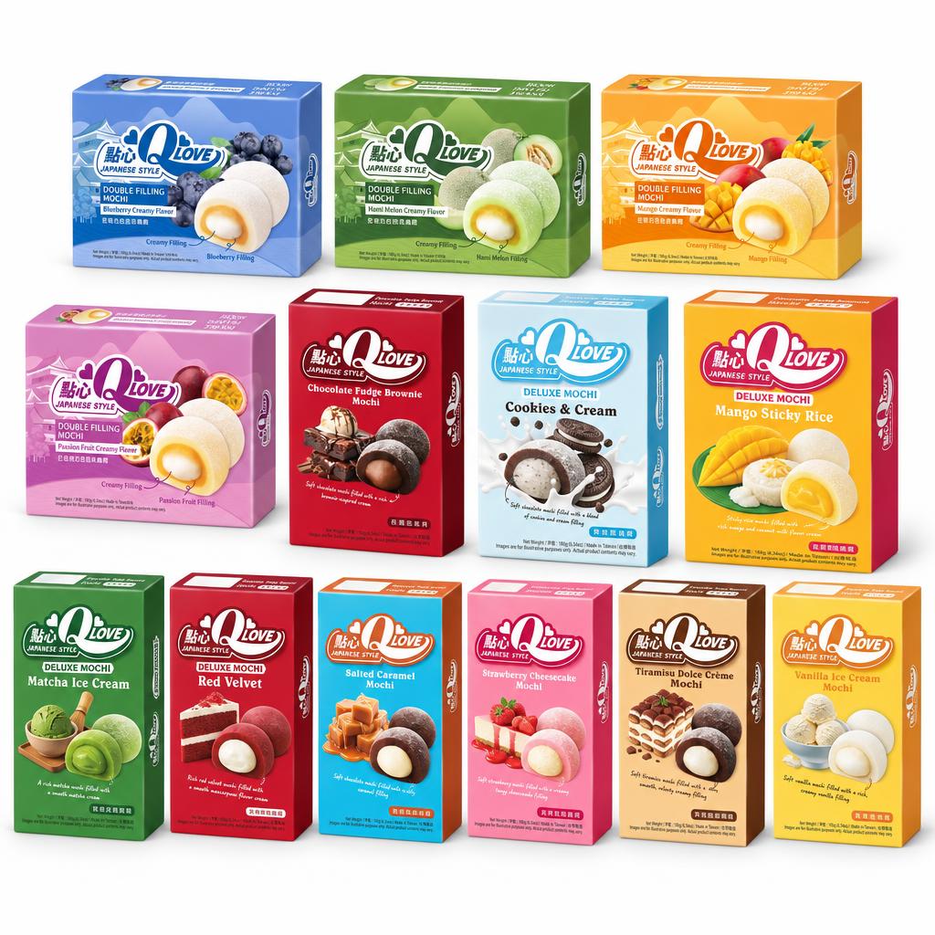 Qlove Kit, 13 mochis en différents goûts : myrtille, brownie, tiramisu, etc.