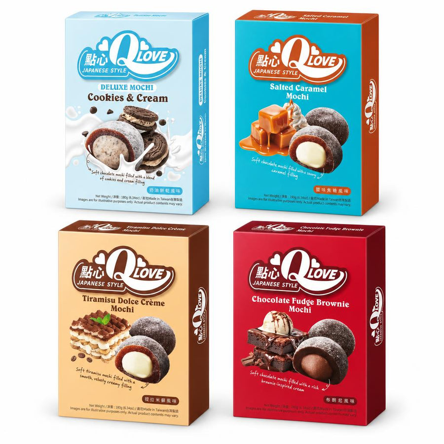 QLove Kit, 4 mochi au goût cookies et cream, caramel salé, tiramisù et brownie