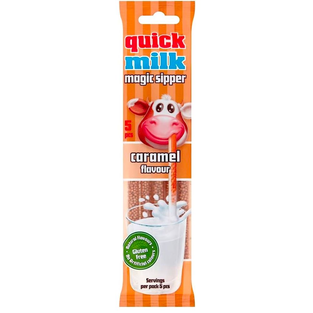 Quick Milk Magic Sipper Caramel Flavor, pailles avec bonbons au goût de caramel de 30g 