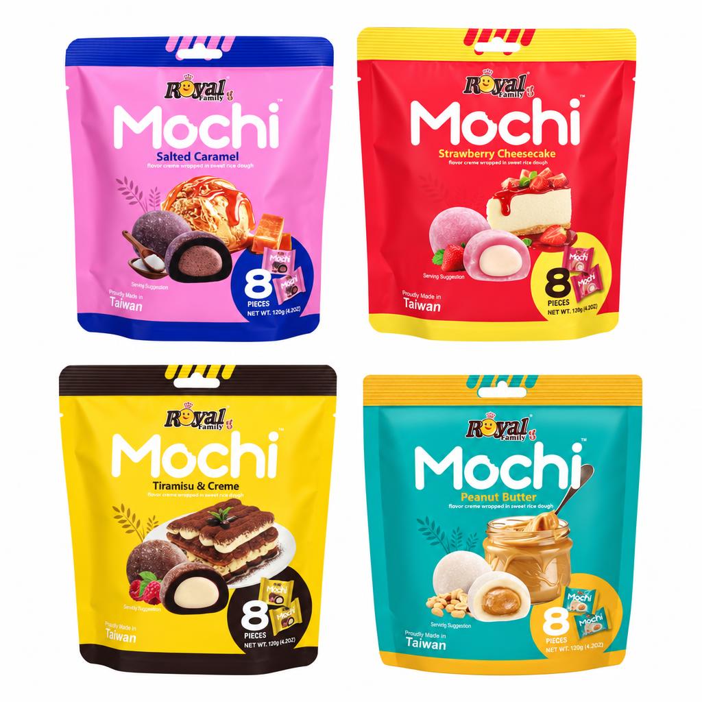 Family Foods Kit, 4 mochi au goût caramel salé, cheesecake à la fraise, tiramisu et beurre de cacahuète