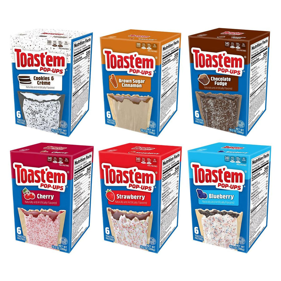 Toast'em Kit, 6 tartelettes snack au goût cookies and cream, cannelle, chocolat, cerise, fraise et myrtille