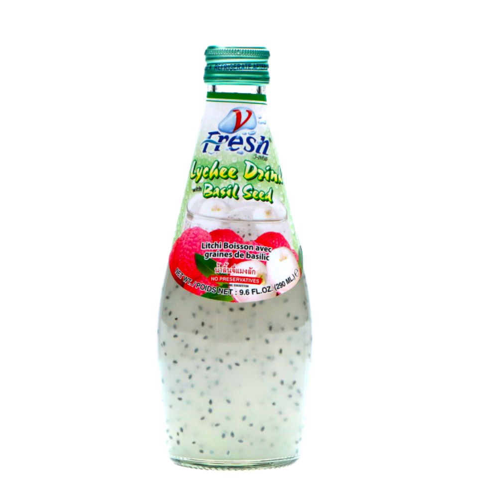 Thé frais au litchi avec graines de basilic, thé vert thaïlandais au goût de litchi avec graines de basilic de 290ml 