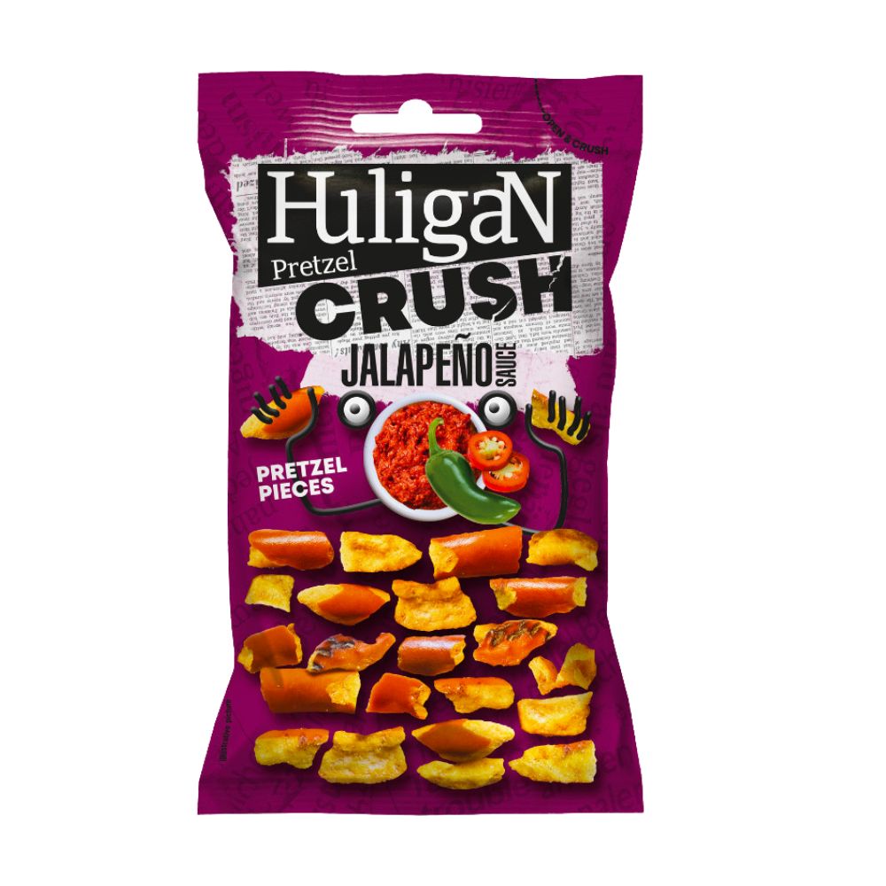Huligan Pretzel Crush Jalapeno Sauce, bretzel au goût jalapeno de 65g 