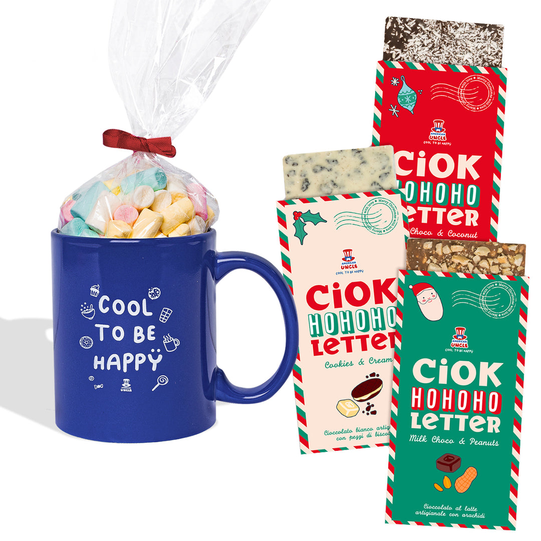 Mug Cool to be Happy + sac de bonbons gélifiés de 100g + 3 ChocoLetter de 100g 